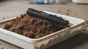 Close-up of a TDS meter on damp cocopeat, illustrating how to test and manage cocopeat salinity.