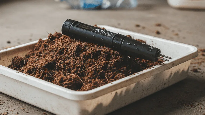 Close-up of a TDS meter on damp cocopeat, illustrating how to test and manage cocopeat salinity.