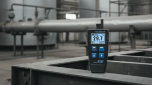 Foto close-up dew point meter NOVOTEST KTR-1 di area maintenance plant industri, digunakan untuk memantau kondisi lingkungan sebelum aplikasi coating pada pipa dan tangki baja.