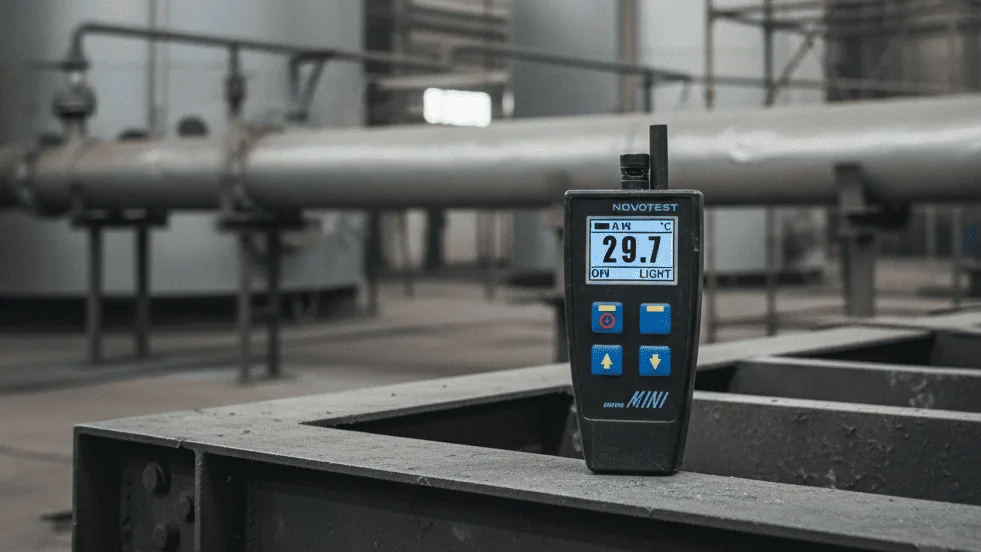 Foto close-up dew point meter NOVOTEST KTR-1 di area maintenance plant industri, digunakan untuk memantau kondisi lingkungan sebelum aplikasi coating pada pipa dan tangki baja.