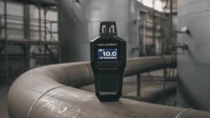 Dew point meter NOVOTEST LAB DPM di atas pipa baja di area pengecatan maintenance industri dengan latar tangki dan scaffolding.