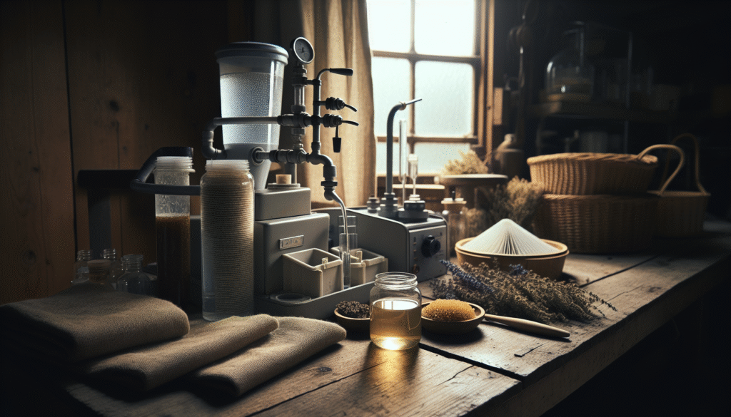 Multi-stage water filtration unit, dried herbs, and honey jar in a production space, emphasizing water quality for herbal and honey production.