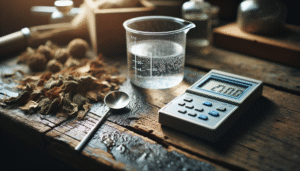 TDS meter, water beaker, and dried herbs on a workbench, showing water quality testing for herbal products.
