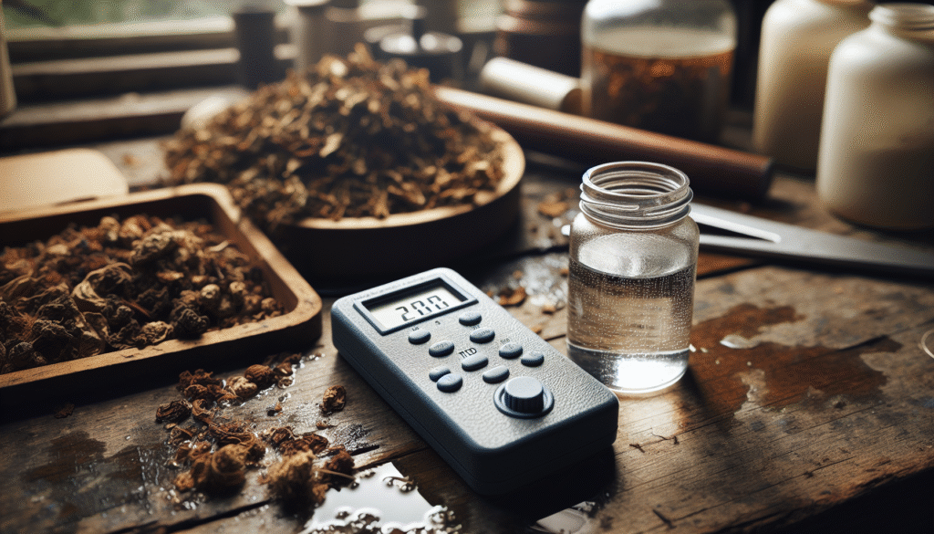 Well-used TDS meter on a wooden bench next to dried herbal ingredients and a water jar, illustrating water quality for herbal products.