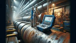 Alat uji kekasaran permukaan digital pada pipa industri usang di lingkungan migas atau power plant.