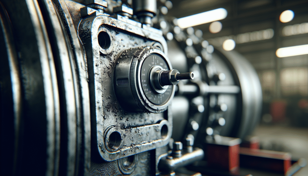 Weathered industrial vibration sensor on heavy machinery for predictive maintenance and vibration analysis.