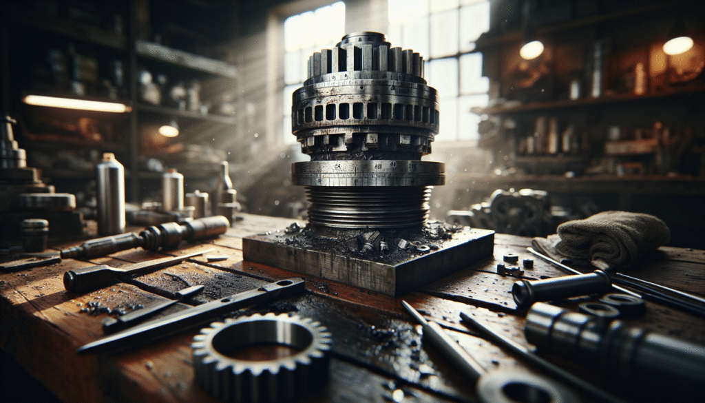 Modern surface roughness tester resting on a heavily used metal part in a heavy equipment workshop.