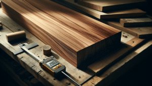 Natural teak wood plank undergoing quality test with a strength meter on a rustic workbench.