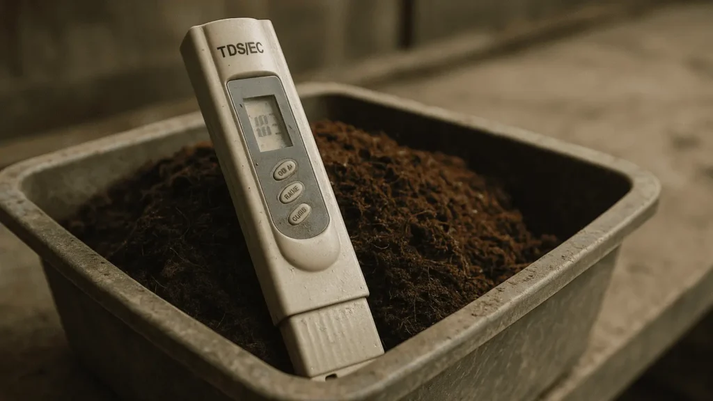 TDS meter profesional di atas tumpukan cocopeat lembap, menggambarkan pengukuran EC cocopeat.
