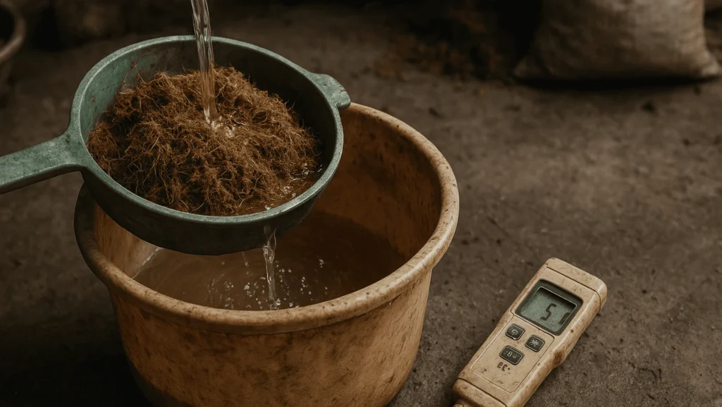 Proses produksi cocopeat autentik dengan EC rendah, menggunakan ayakan, aliran air, dan alat ukur EC genggam (EC meter portable)
