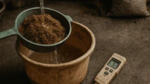 Proses produksi cocopeat autentik dengan EC rendah, menggunakan ayakan, aliran air, dan alat ukur EC genggam (EC meter portable)