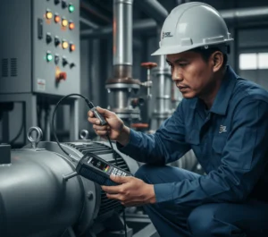 Seorang teknisi industri sedang menggunakan accelerometer PCE-VT 3800-ICA untuk mengukur getaran pada pompa sentral di instalasi pengolahan air minum