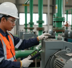 Teknisi Indonesia mengukur kecepatan RMS pada casing pompa WWTP menggunakan PCE-VT 3800S-ICA dengan sensor magnetik dan kabel spiral, layar LC 2,8 inci terlihat jelas.