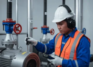 Teknisi Indonesia mengukur getaran bearing pompa di WTP menggunakan PCE-VT 3850S; sensor stainless dipasang pada housing dengan magnet base; layar 2,8″ menampilkan nilai RMS; APD lengkap dan lingkungan pipa/valve terlihat.