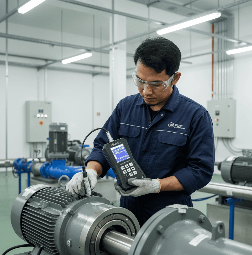 Teknisi Indonesia sedang mengukur getaran pada bearing housing pompa sentrifugal di fasilitas pengolahan air limbah menggunakan PCE-VT 3900-ICA; sensor magnetik menempel pada permukaan logam dan layar alat menampilkan pembacaan mm/s.