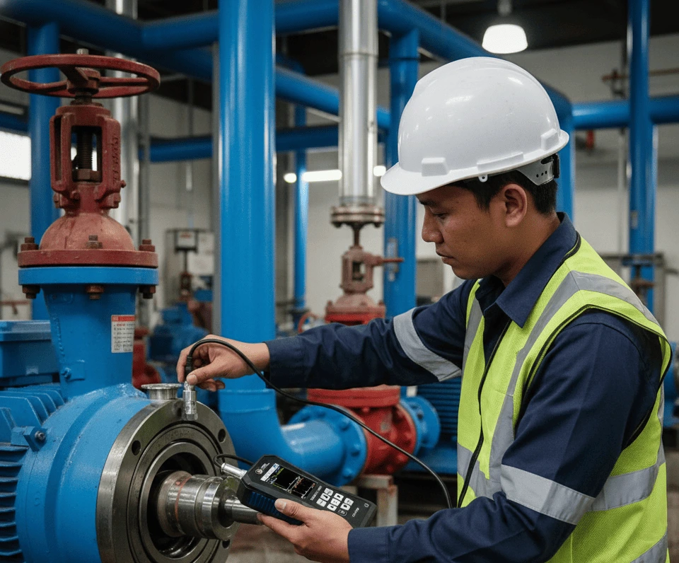 Teknisi Indonesia mengukur getaran pompa sentrifugal di WTP menggunakan PCE-VT 3900; sensor magnet ditempel pada housing bearing, layar 2,8 inci menampilkan velocity RMS; lingkungan pipa dan valve terlihat jelas.