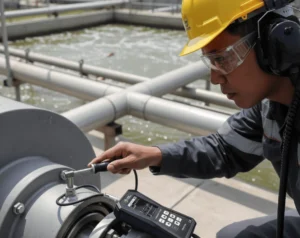 teknisi Indonesia mengukur getaran blower aerasi di WWTP menggunakan PCE-VT 3950S; sensor magnet menempel di housing bearing, layar 2,8 inci terlihat jelas.