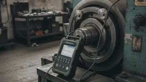 Portable vibration analyzer inspecting a worn paper machine roller bearing to optimize performance.