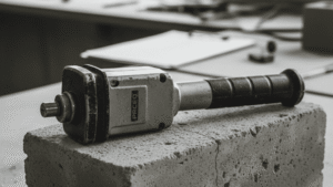 Professional concrete strength meter on a textured test block, used to assess and address bridge concrete variability.