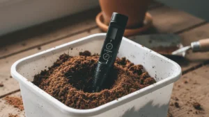 Handheld TDS meter testing cocopeat quality in a bucket, ensuring salt-free cocopeat for optimal growth.