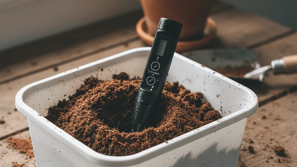 Handheld TDS meter testing cocopeat quality in a bucket, ensuring salt-free cocopeat for optimal growth.