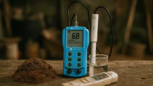 Close-up of cocopeat with EC/TDS & pH meters testing a water sample, illustrating cocopeat quality measurement.