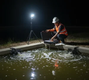Teknisi memeriksa oksigen terlarut dan pH kolam ikan menggunakan Bante900P-UK dengan layar backlit di malam hari, elektroda terendam dan koper alat terbuka di sisi kolam.