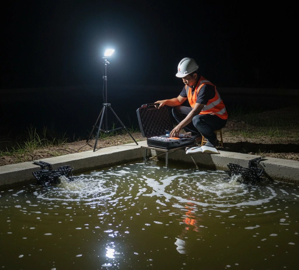 Teknisi memeriksa oksigen terlarut dan pH kolam ikan menggunakan Bante900P-UK dengan layar backlit di malam hari, elektroda terendam dan koper alat terbuka di sisi kolam.