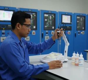 Teknisi Indonesia memeriksa pH dan konduktivitas air WTP menggunakan Bante901-CN benchtop meter di meja laboratorium, dengan elektrode terendam dalam beaker dan layar LCD backlit menampilkan pembacaan stabil.