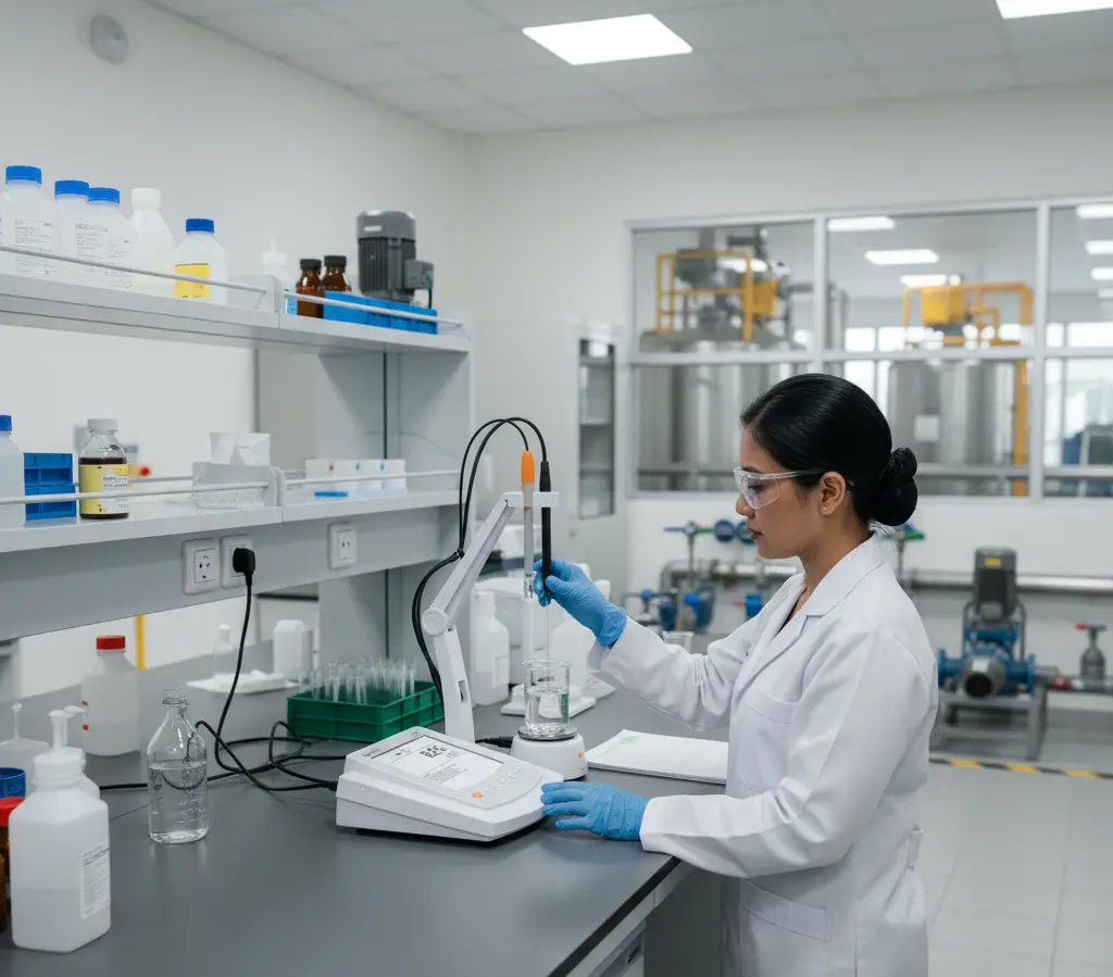 Teknisi Indonesia mengoperasikan Bante904-UK benchtop meter untuk pengukuran konduktivitas dan oksigen terlarut di laboratorium IPAL pabrik minuman, menampilkan layar LCD 6,5 inci dan arm elektroda.