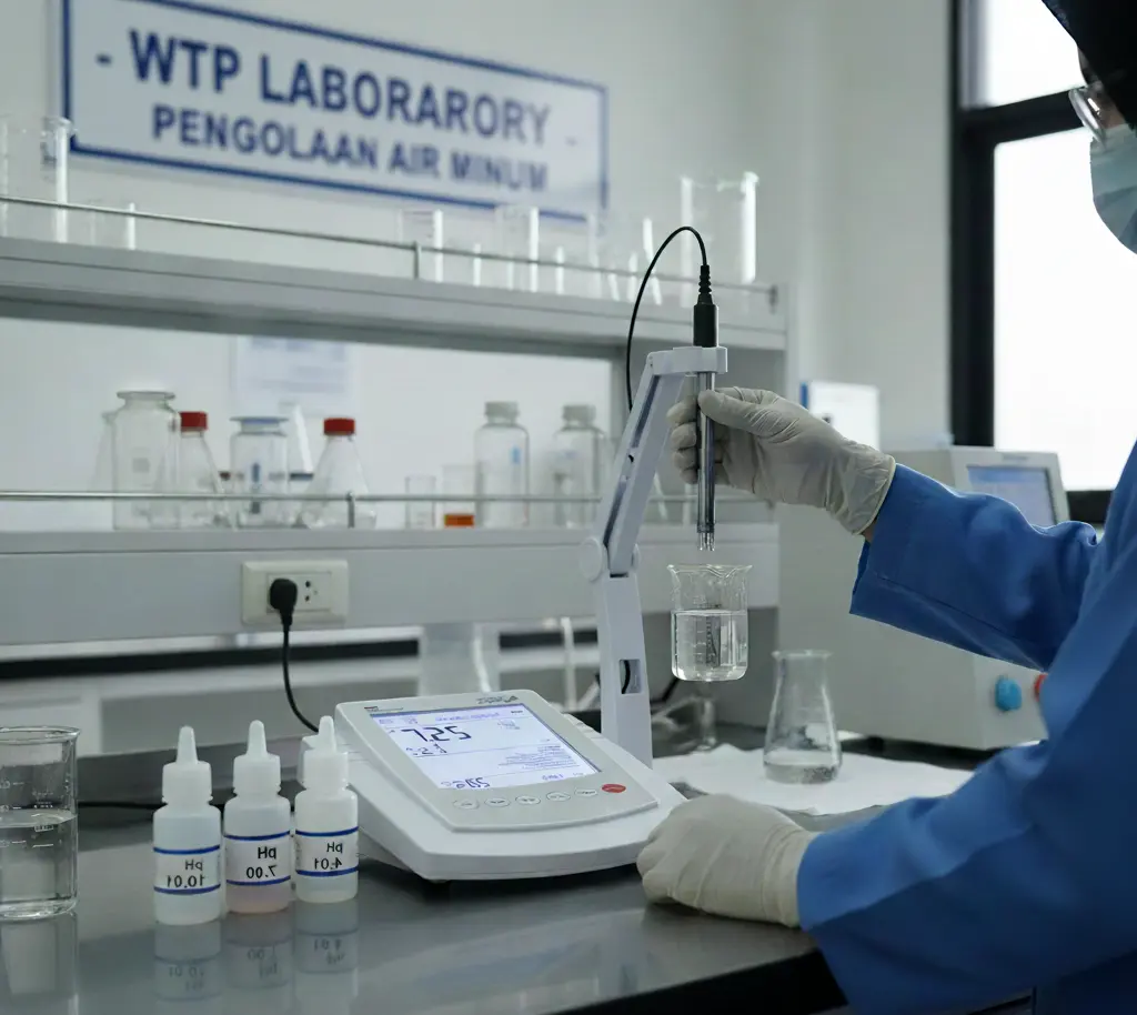Teknisi Indonesia menggunakan Bante920-CN Benchtop pH Meter di laboratorium WTP untuk mengukur pH sampel air dengan elektroda pH pada holder dan layar LCD menampilkan pembacaan stabil.