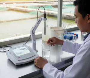 Teknisi Indonesia sedang menggunakan Bante930-CN untuk mengukur pH dan ion air kolam di laboratorium akuakultur.