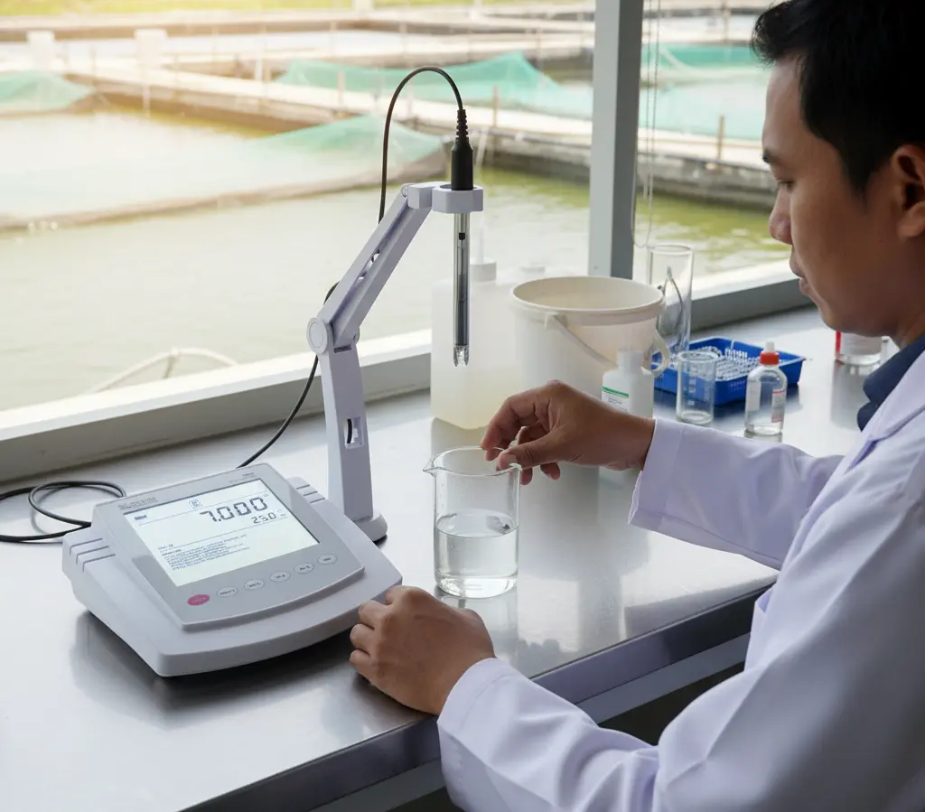 Teknisi Indonesia sedang menggunakan Bante930-CN untuk mengukur pH dan ion air kolam di laboratorium akuakultur.