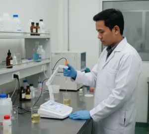 Teknisi laboratorium Indonesia sedang menggunakan Bante930-UK untuk mengukur pH dan ion amonium pada sampel air limbah.