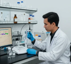 Analis laboratorium Indonesia sedang menggunakan Bante931-Br untuk mengukur kadar ion bromida di sampel air limbah industri.