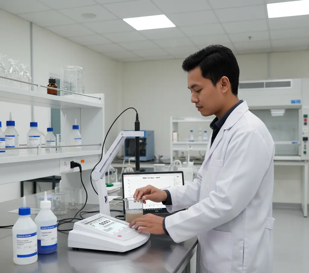 Teknisi laboratorium Indonesia sedang melakukan pengukuran sulfida dengan Bante931-S Benchtop Sulfide Ion Meter di ruang QA/QC.