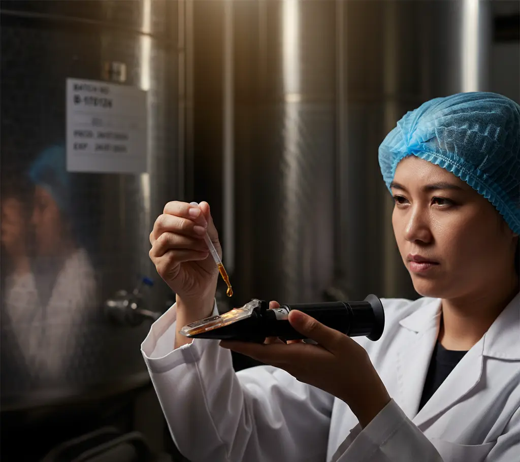 Teknisi QA memeriksa kadar Brix sirup menggunakan PCE-032-LED dengan penutup prisma berlampu LED di area produksi minuman yang redup.