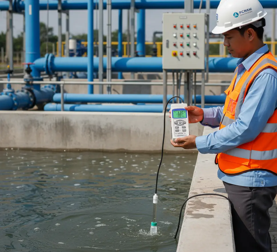 Operator WTP Indonesia mengukur pH air proses menggunakan PCE-228 dengan elektroda terendam sambil merekam data ke SD card.