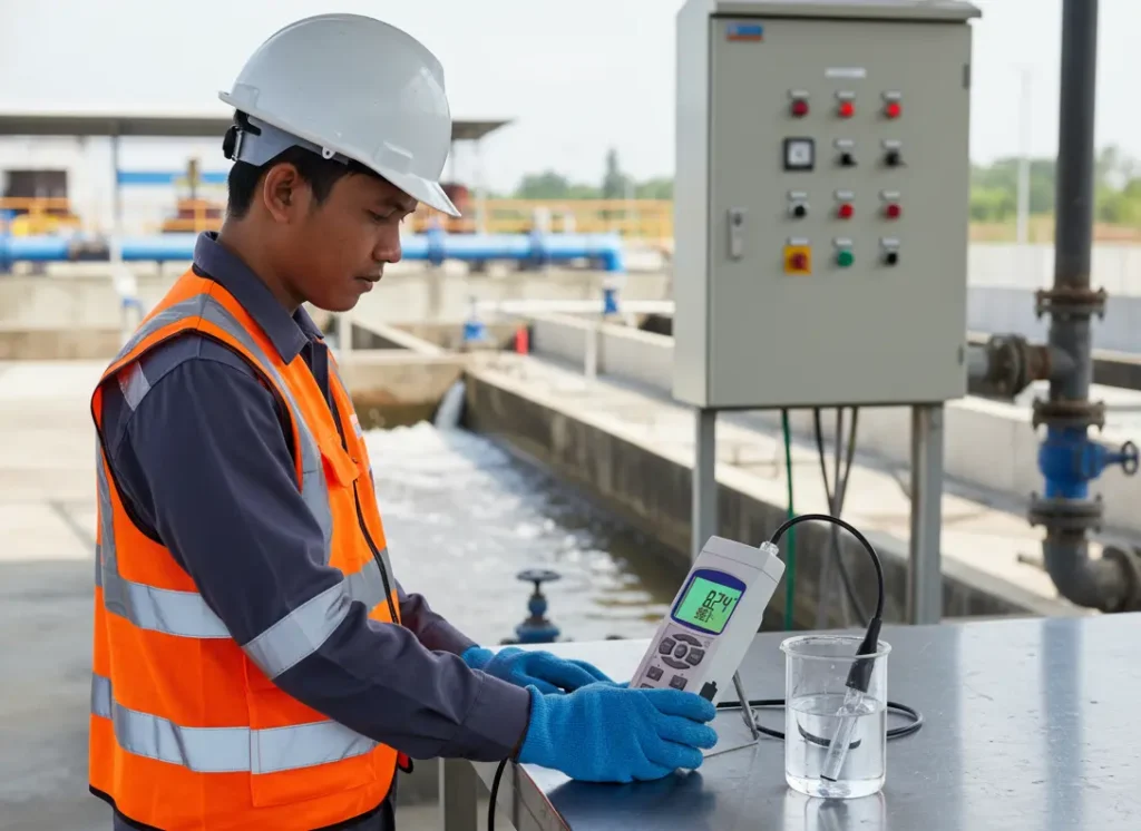 Teknisi Indonesia memegang PCE-228HTE untuk mengukur pH dan ORP di outlet IPAL, elektroda dicelupkan ke sampel dengan sensor suhu terpasang, suasana lapangan pascahujan.