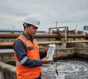 Teknisi Indonesia mengukur pH efluen WWTP menggunakan PCE-228LIQ-ICA, elektroda pH terendam di sampel, layar menampilkan pH dan suhu, kartu SD terpasang untuk logging.