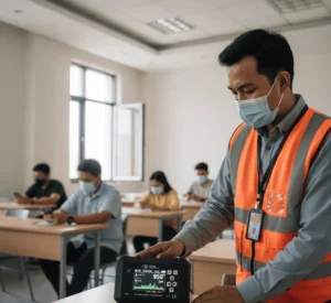 Teknisi Indonesia memantau konsentrasi CO₂ dengan PCE-AQD 50A di ruang kuliah menggunakan layar e-paper 2,7 inci.