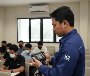 Teknisi K3 Indonesia memeriksa PCE-AQD 50A-ICA dengan tampilan CO₂ di ruang kuliah berventilasi, menunjukkan praktik pemantauan IAQ.