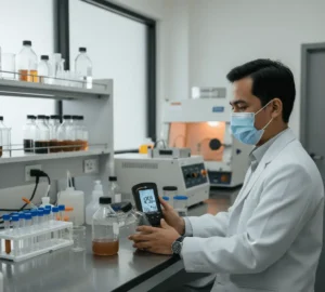 teknisi laboratorium di Indonesia memantau kualitas udara ruangan menggunakan PCE-CMM 10 yang menampilkan kadar CO₂, suhu, dan kelembapan pada layar LCD.