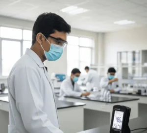 Teknisi laboratorium Indonesia memantau kualitas udara menggunakan PCE-CMM 10-ICA; layar menampilkan CO₂, suhu, dan kelembapan dengan backlight putih di ruang praktikum.