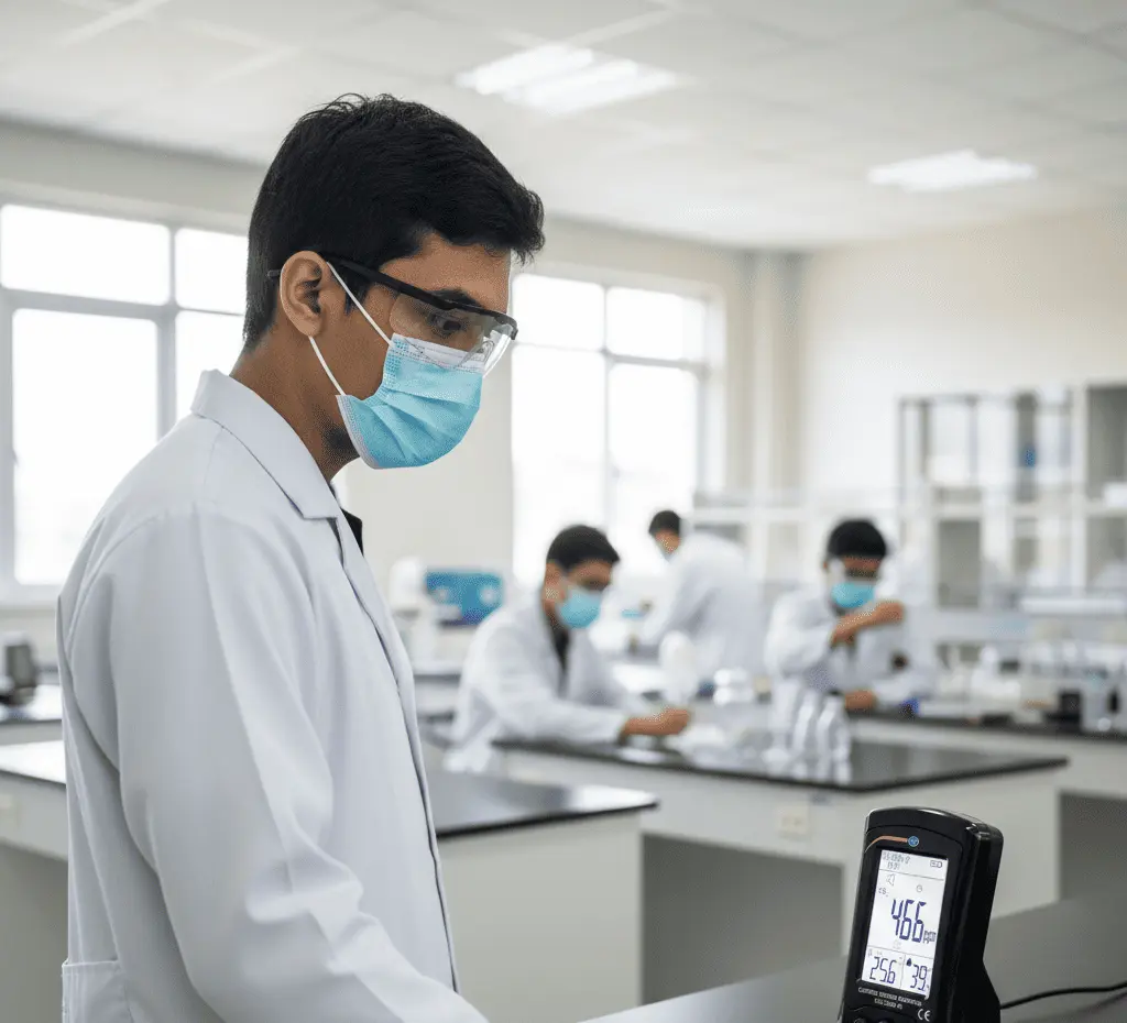 Teknisi laboratorium Indonesia memantau kualitas udara menggunakan PCE-CMM 10-ICA; layar menampilkan CO₂, suhu, dan kelembapan dengan backlight putih di ruang praktikum.