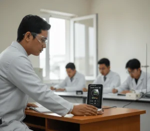 Teknisi laboratorium mengoperasikan PCE-CMM 5-ICA di meja praktikum untuk memantau CO₂, suhu, dan kelembapan dengan indikator lampu hijau.