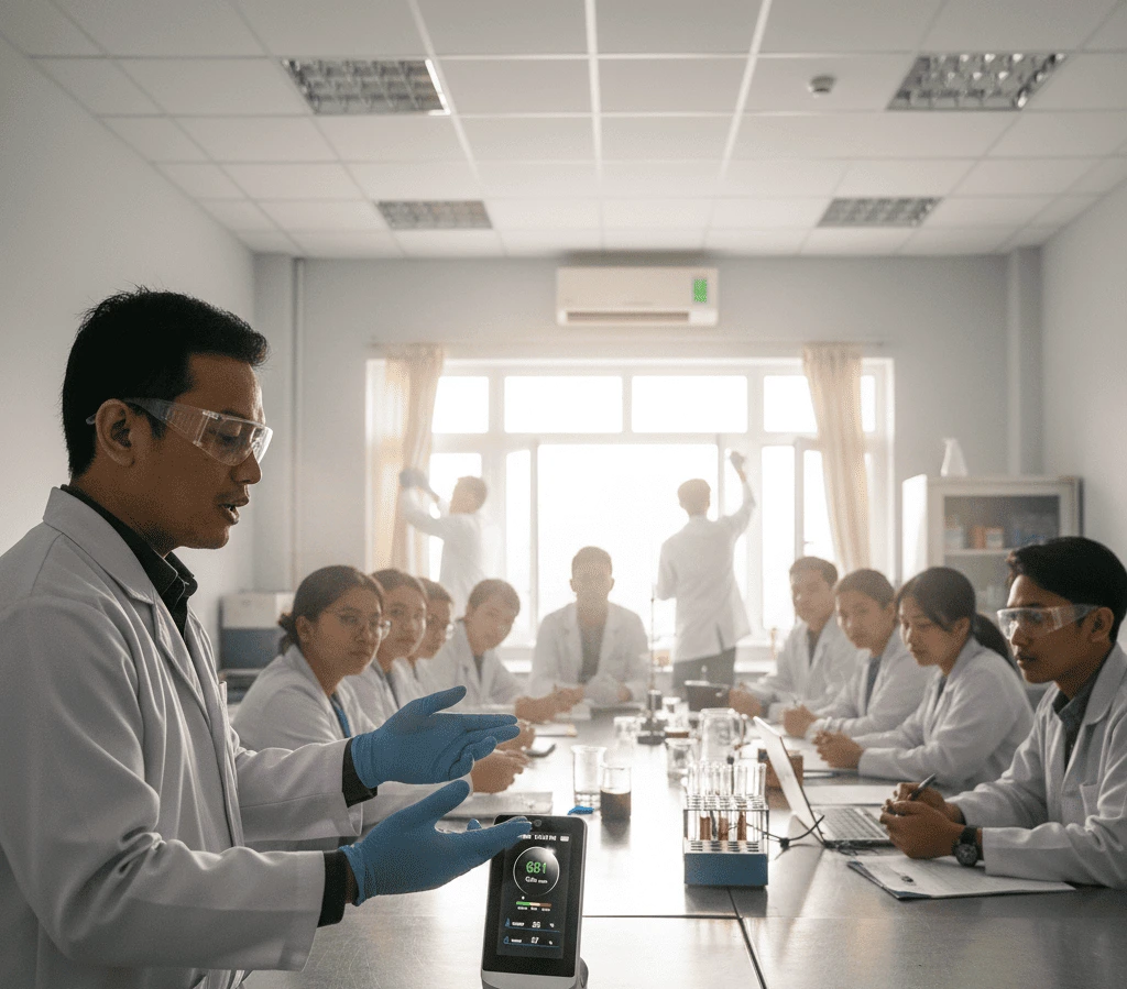 Teknisi memantau kualitas udara menggunakan PCE-CMM 5—meter CO₂ NDIR dengan layar 4,3 inci yang menampilkan nilai CO₂, suhu, kelembapan, serta grafik tren 5 jam di teaching lab.