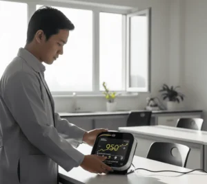 Teknisi laboratorium Indonesia memantau kualitas udara ruangan menggunakan monitor CO₂ PCE-CMM 8 dengan layar sentuh 3,5 inci yang menampilkan angka dan grafik tren.