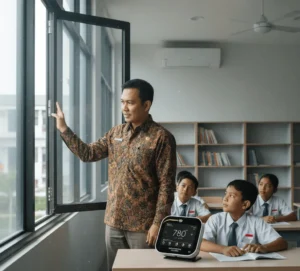 Guru Indonesia memantau kualitas udara kelas menggunakan PCE-CMM 8-ICA—monitor meja CO2, suhu, dan kelembapan dengan layar sentuh dan indikator lampu lalu lintas.