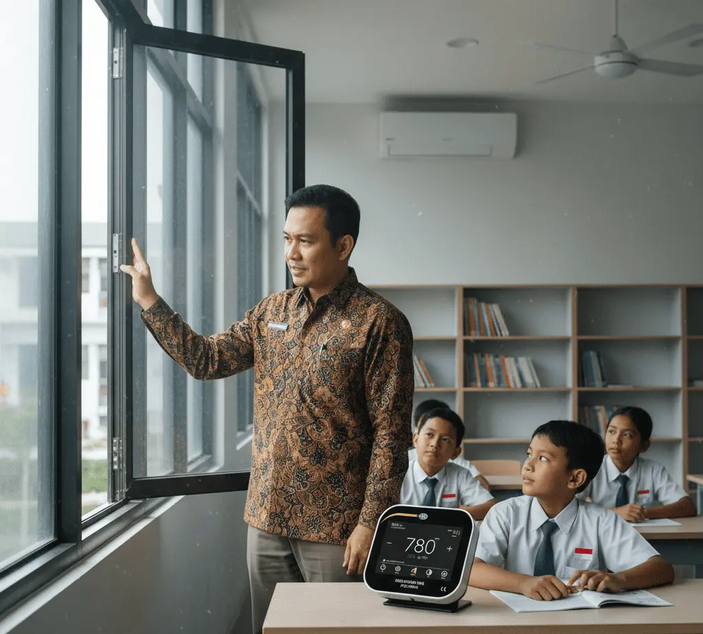 Guru Indonesia memantau kualitas udara kelas menggunakan PCE-CMM 8-ICA—monitor meja CO2, suhu, dan kelembapan dengan layar sentuh dan indikator lampu lalu lintas.